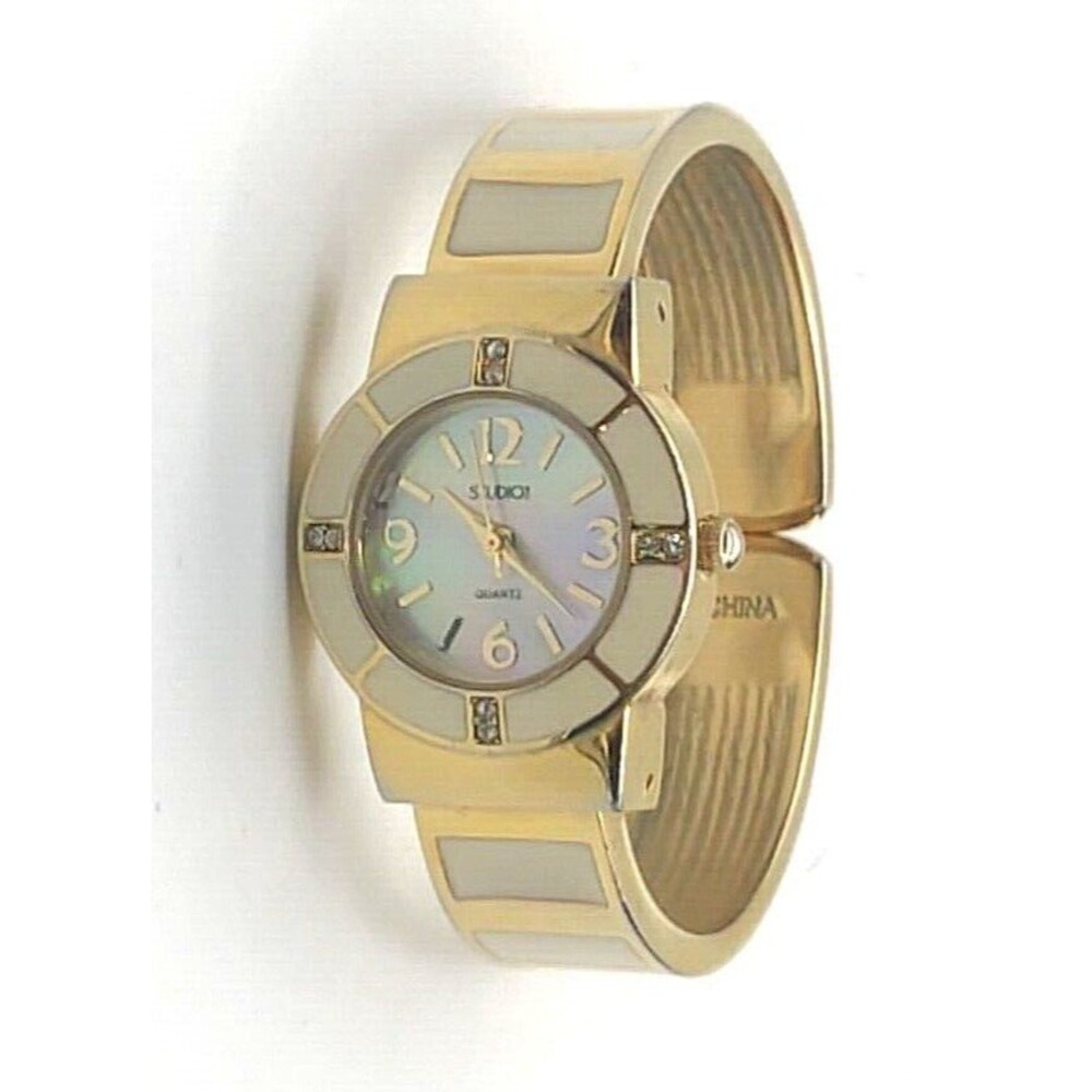 Studio Time Goldtone Creme MOP Face Bling Bezel Cuff Watch -Tested Working
